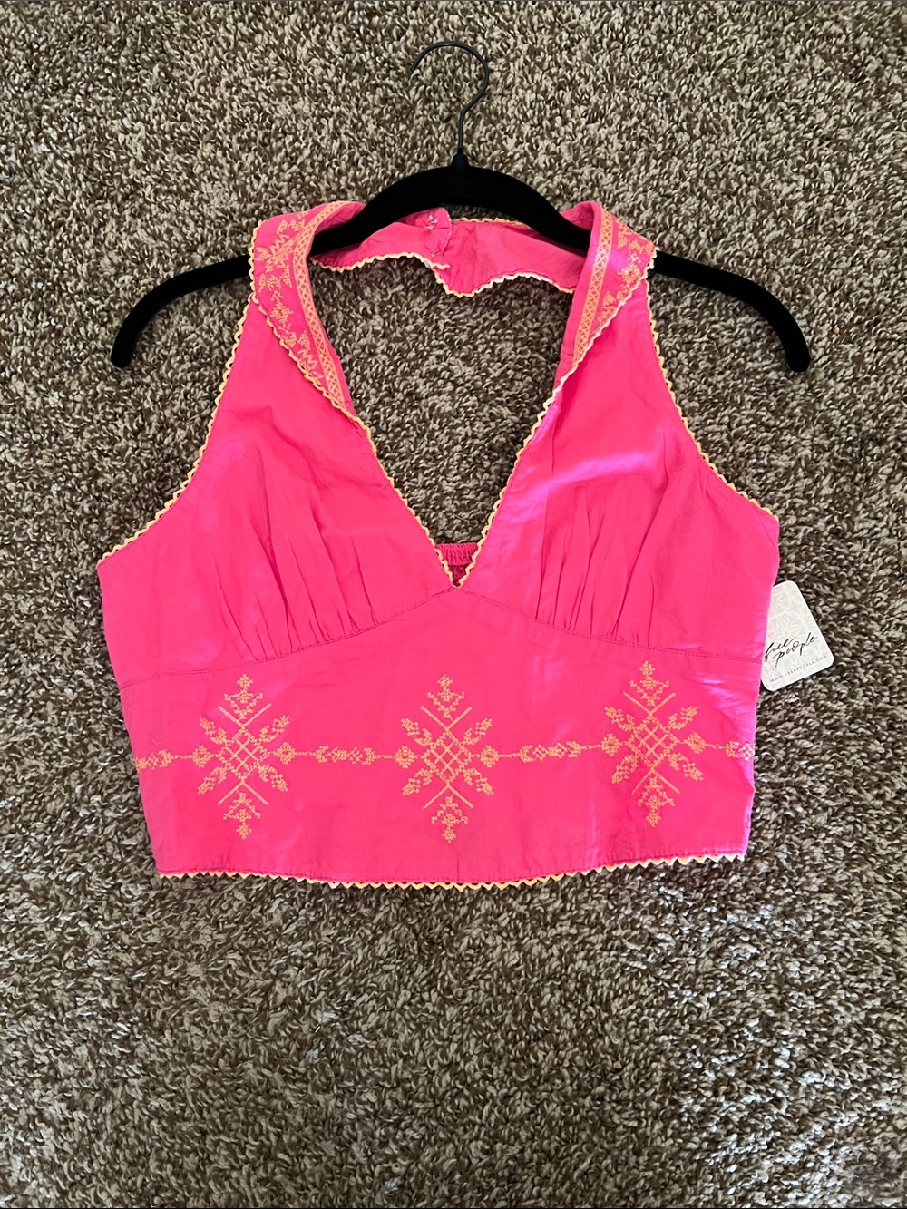 Free People Hot Pink Embroidered Halter Crop Top